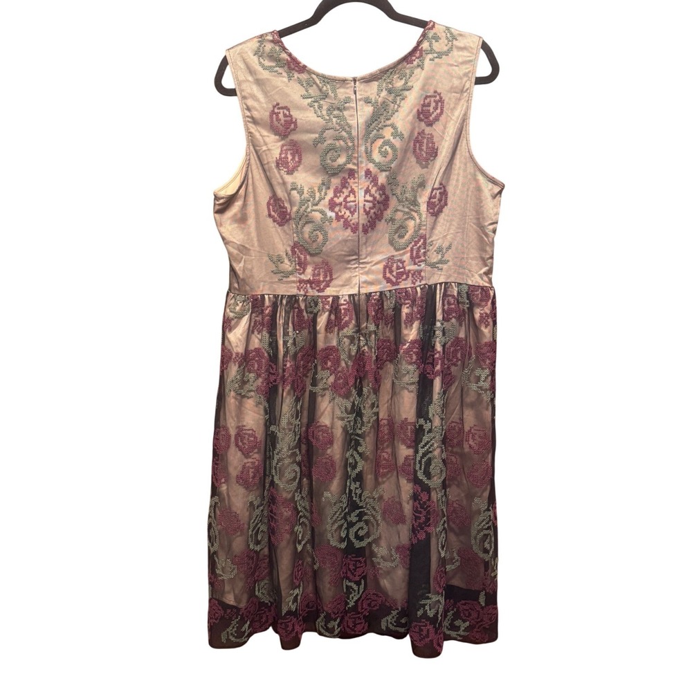 Sundance Women Size 14 Embroidered Tulle Midi Dress Champagne Burgundy Floral - Picture 2 of 7